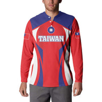 Taiwan-style button sweatshirt, red/blue/white front with 'TAIWAN' emblem; long sleeves