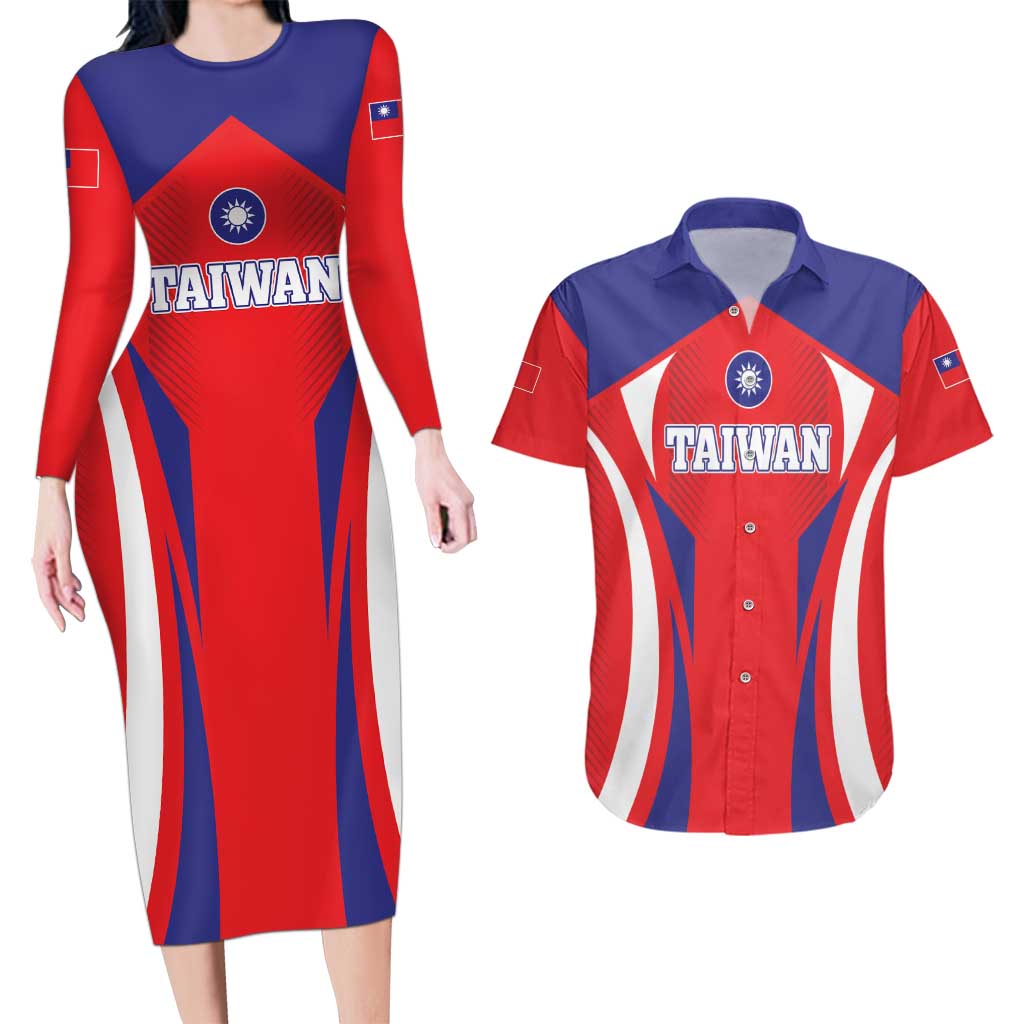 Custom Taiwan Couples Matching Long Sleeve Bodycon Dress and Hawaiian Shirt Taiwanese Sporty Flag Style - Wonder Print Shop