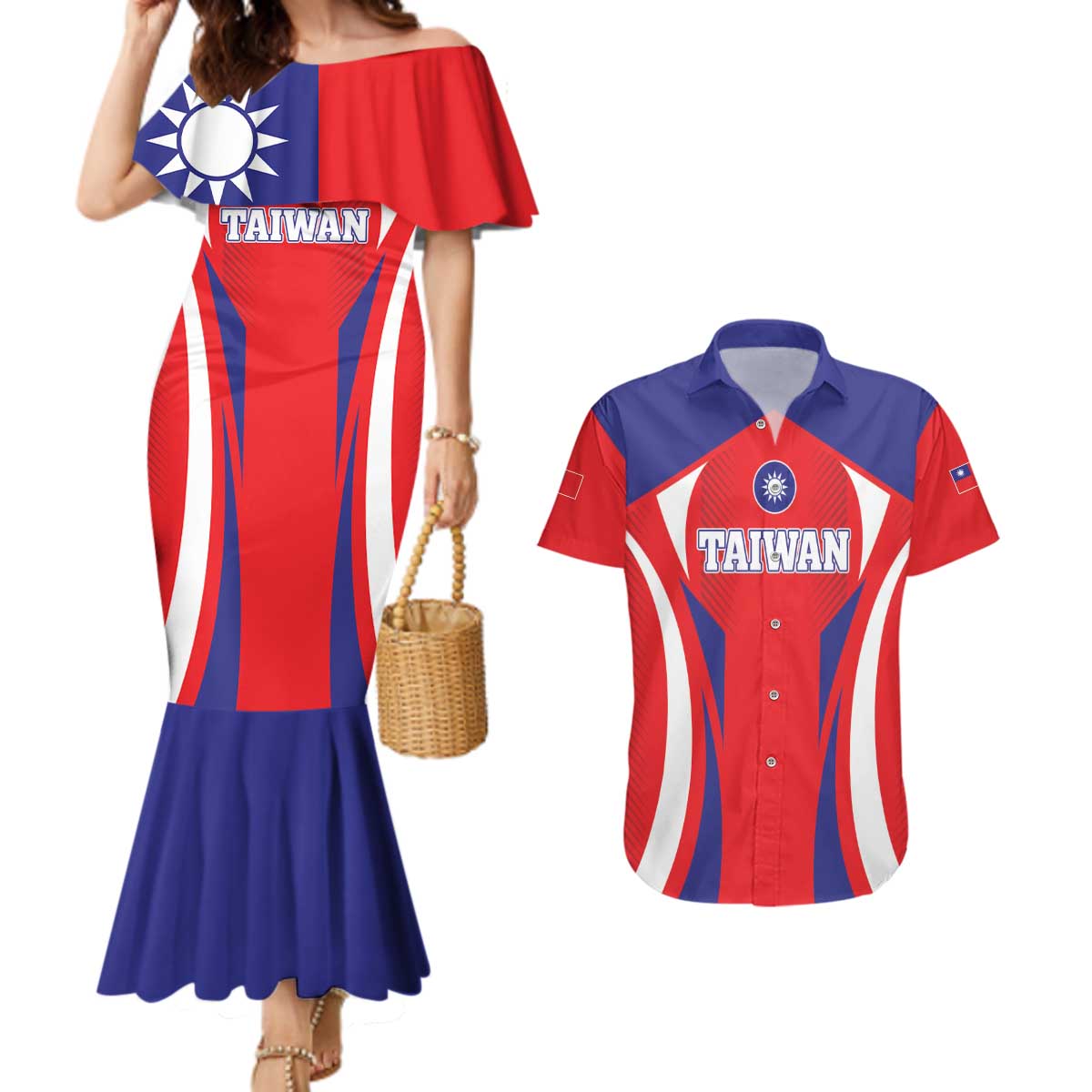 Custom Taiwan Couples Matching Mermaid Dress and Hawaiian Shirt Taiwanese Sporty Flag Style - Wonder Print Shop