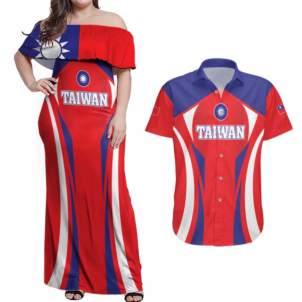 Custom Taiwan Couples Matching Off Shoulder Maxi Dress and Hawaiian Shirt Taiwanese Sporty Flag Style - Wonder Print Shop