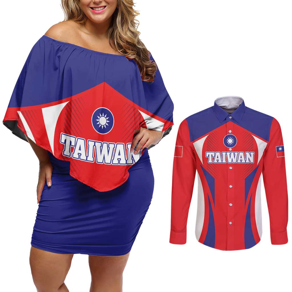 Custom Taiwan Couples Matching Off Shoulder Short Dress and Long Sleeve Button Shirt Taiwanese Sporty Flag Style - Wonder Print Shop