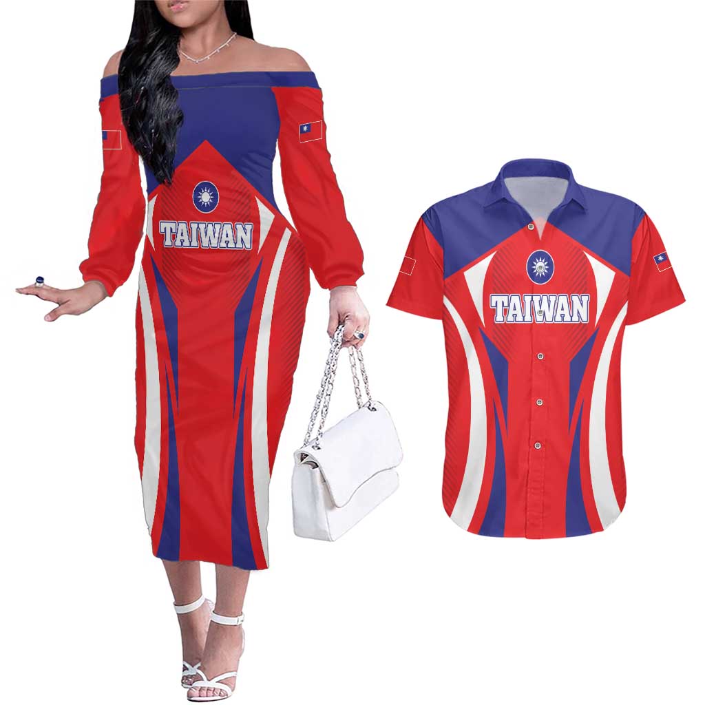 Custom Taiwan Couples Matching Off The Shoulder Long Sleeve Dress and Hawaiian Shirt Taiwanese Sporty Flag Style - Wonder Print Shop