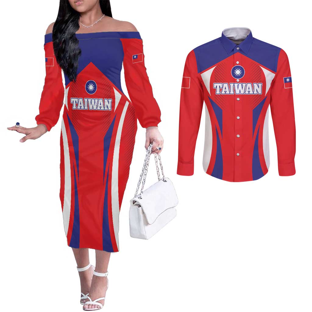 Custom Taiwan Couples Matching Off The Shoulder Long Sleeve Dress and Long Sleeve Button Shirt Taiwanese Sporty Flag Style