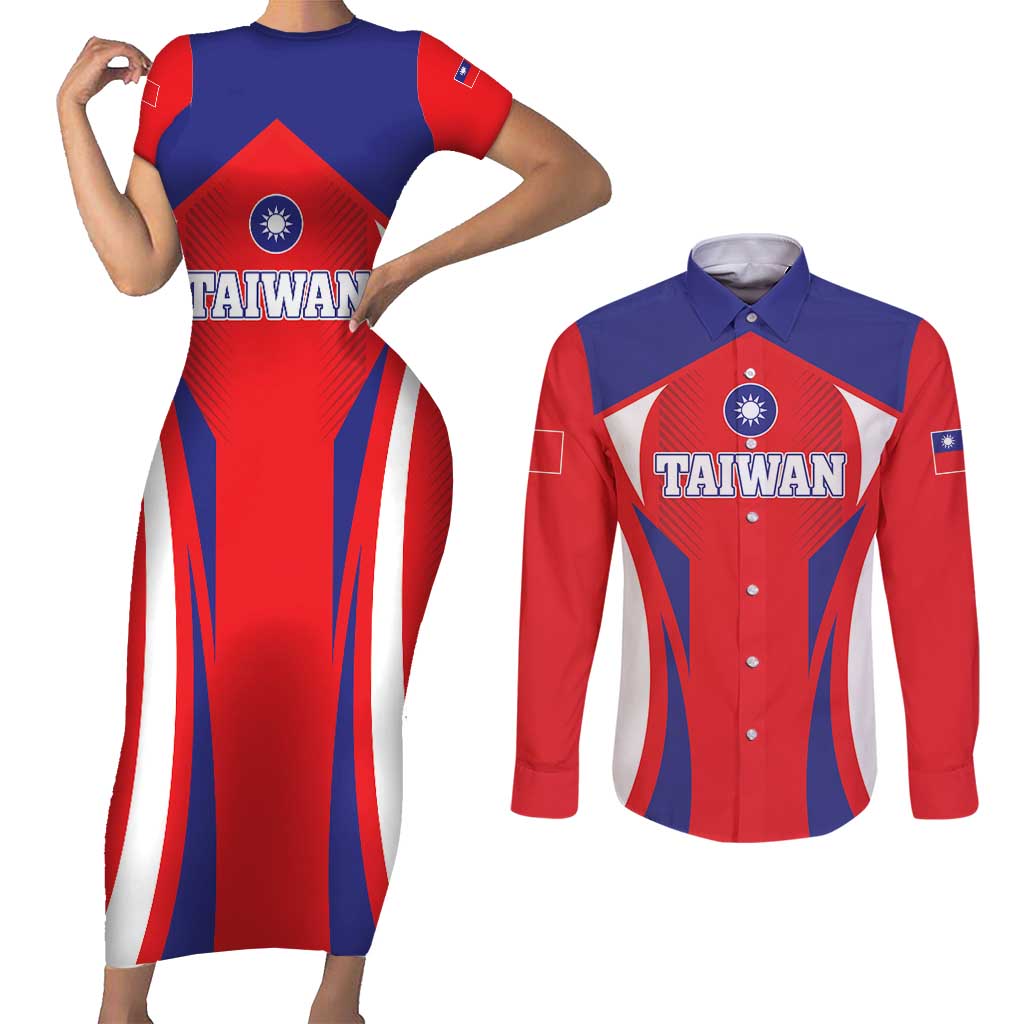 Custom Taiwan Couples Matching Short Sleeve Bodycon Dress and Long Sleeve Button Shirt Taiwanese Sporty Flag Style - Wonder Print Shop