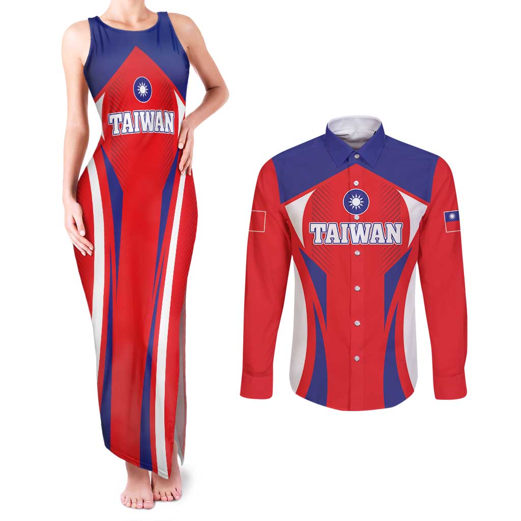 Custom Taiwan Couples Matching Tank Maxi Dress and Long Sleeve Button Shirt Taiwanese Sporty Flag Style - Wonder Print Shop