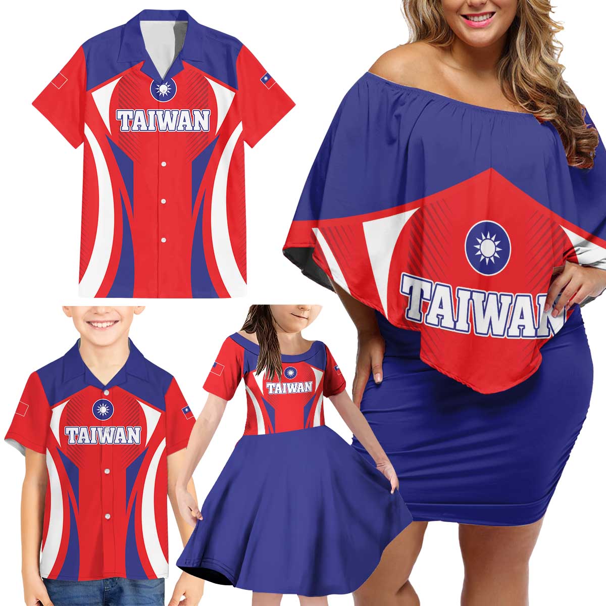 Custom Taiwan Family Matching Off Shoulder Short Dress and Hawaiian Shirt Taiwanese Sporty Flag Style - Wonder Print Shop