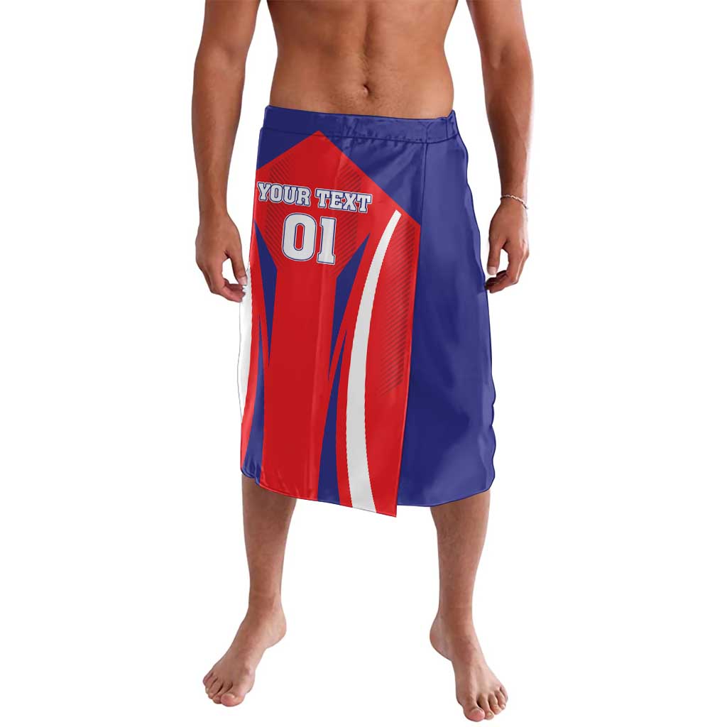Blue athletic shorts with red/white graphic panel and elastic waistband