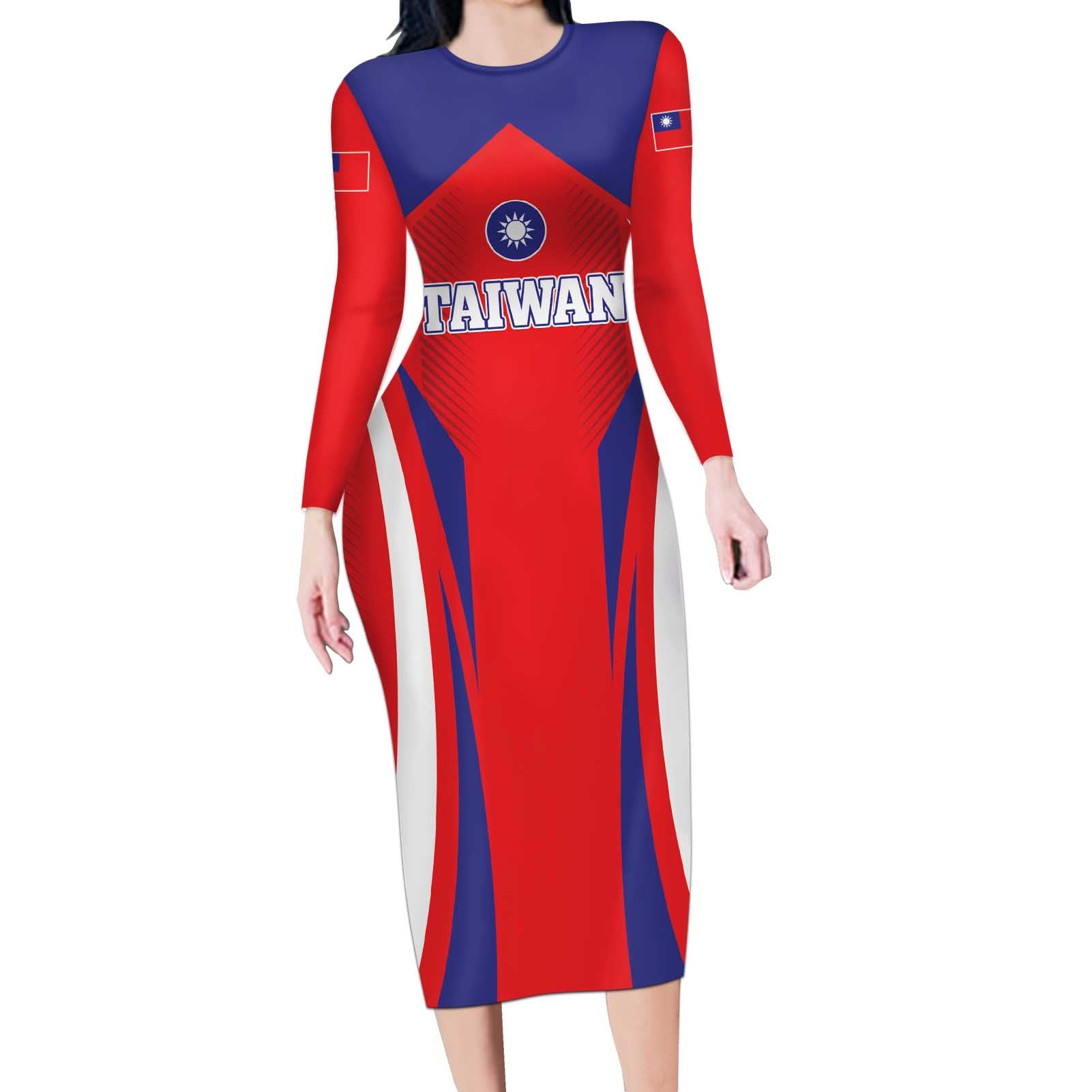 Custom Taiwan Long Sleeve Bodycon Dress Taiwanese Sporty Flag Style - Wonder Print Shop