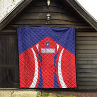 Quilted Taiwan flag blanket displayed in a doorway, red shield with white wave stripes