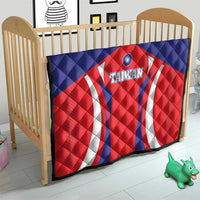Quilted Taiwan flag blanket draped on a baby bed, red-and-blue shield with white stripes