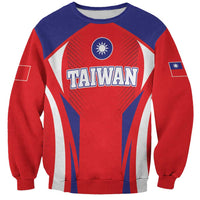 Unisex red and blue sweatshirt, front graphic with 'TAIWAN' and small flag patch