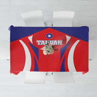 Square Taiwan sporty flag tablecloth, red and blue with white curved stripe accents