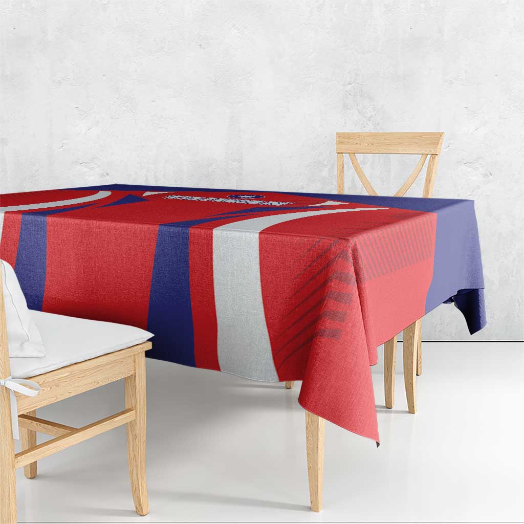 Red, navy blue, and white Taiwan sporty flag tablecloth laid over dining table edge