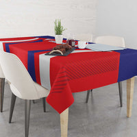 Red and navy blue Taiwan sporty flag tablecloth with white stripe pattern across table