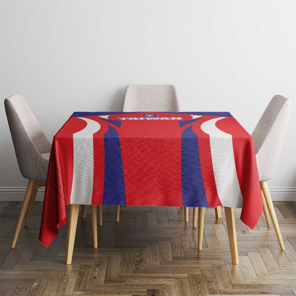 Red, blue, and white Taiwan sporty flag tablecloth covering dining table top and sides