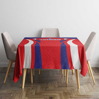 Red, blue, and white Taiwan sporty flag tablecloth covering dining table top and sides