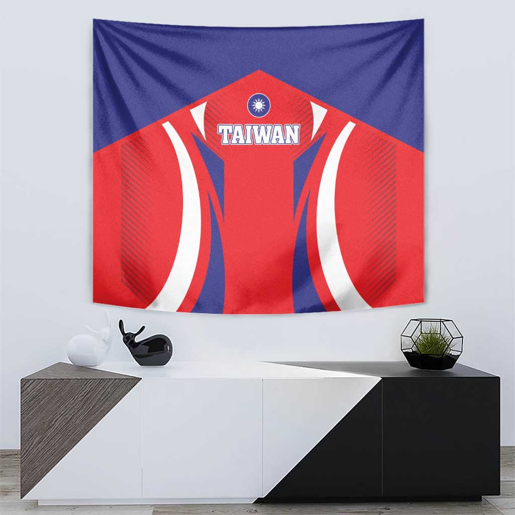 Taiwan flag style tapestry hanging wall banner, blue and red with white graphic elements
