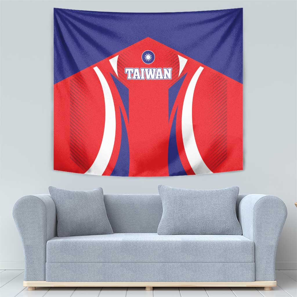 Taiwan flag style tapestry wall banner in blue, red, and white with “TAIWAN” label