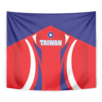 Taiwan flag style tapestry close-up, “TAIWAN” logo and emblem on red jersey design