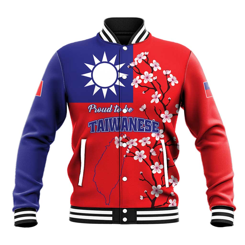 Red and blue baseball jacket with Taiwan map, cherry blossoms, ribbed cuffs