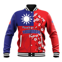 Red and blue baseball jacket with Taiwan map, cherry blossoms, ribbed cuffs