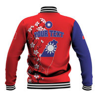 Red and blue baseball jacket back with 'YOUR TEXT', Taiwan map, cherry blossoms