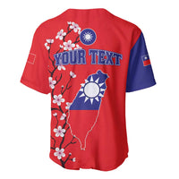 Red baseball jersey back with Taiwan map graphic, cherry blossoms, and YOUR TEXT