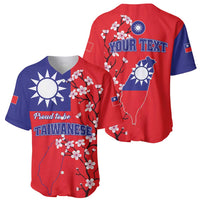 Red and navy baseball jerseys with Taiwan map and cherry blossom graphics
