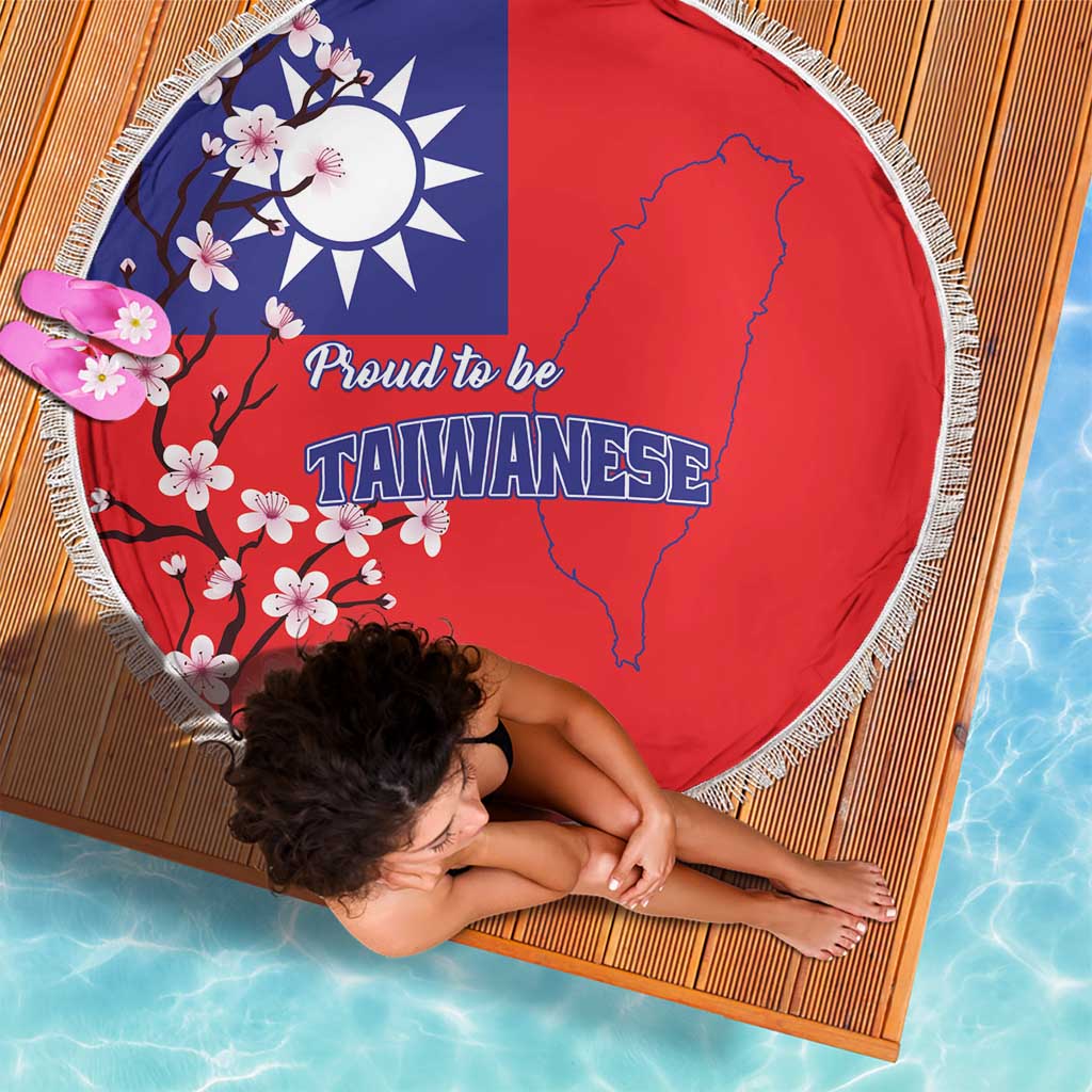Round red Taiwan flag beach blanket with blue sun, plum blossoms, and white fringe