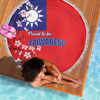 Round red Taiwan flag beach blanket with blue sun, plum blossoms, and white fringe