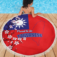 Round red Taiwan flag beach blanket with “Proud to be TAIWANESE” text and white fringe