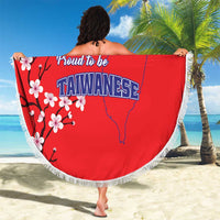 Round red Taiwan flag beach blanket with “TAIWANESE” text, plum blossoms, and white fringe