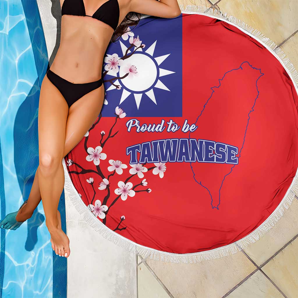 Round red Taiwan flag beach blanket with blue sun, map outline, plum blossoms, and white fringe