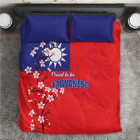 Red and blue bedding set with Taiwan map, plum blossom print, and two pillowcases