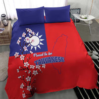 Red duvet and blue pillowcases with plum blossom branches and Taiwan map print