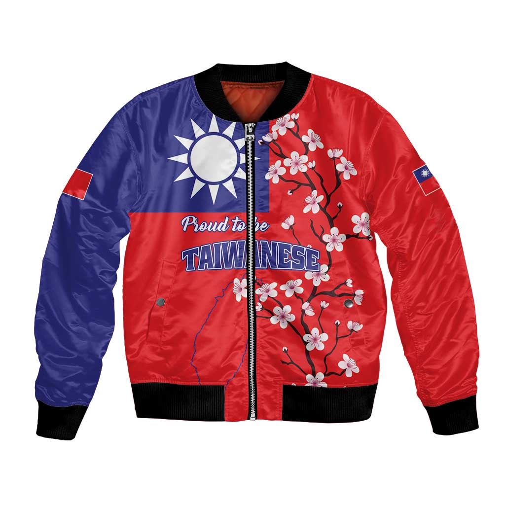 Red and navy bomber jacket with Taiwan flag map, plum blossoms, and 'Proud to be TAIWANESE'.