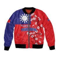 Red and navy bomber jacket with Taiwan flag map, plum blossoms, and 'Proud to be TAIWANESE'.