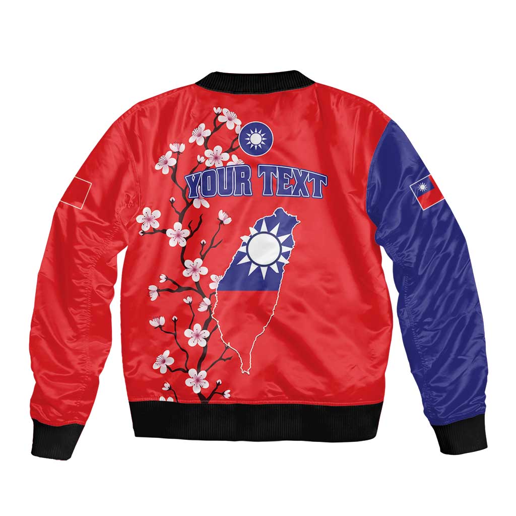 Red and navy bomber jacket back with 'YOUR TEXT', Taiwan map, and white plum blossoms.
