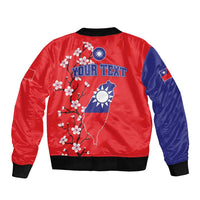 Red and navy bomber jacket back with 'YOUR TEXT', Taiwan map, and white plum blossoms.