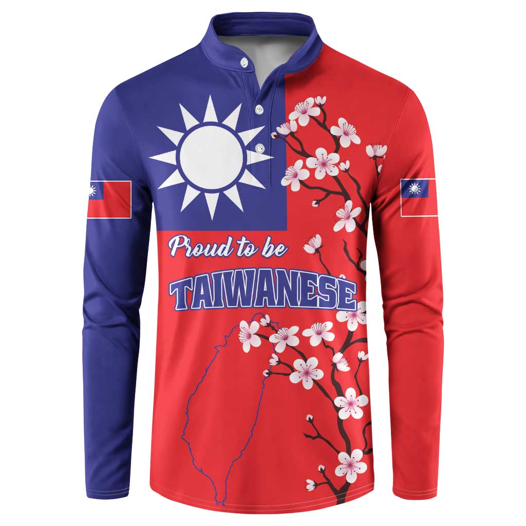Red and navy button long-sleeve sweatshirt with Taiwan flag map and cherry blossoms