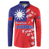 Red and navy button long-sleeve sweatshirt with Taiwan flag map and cherry blossoms