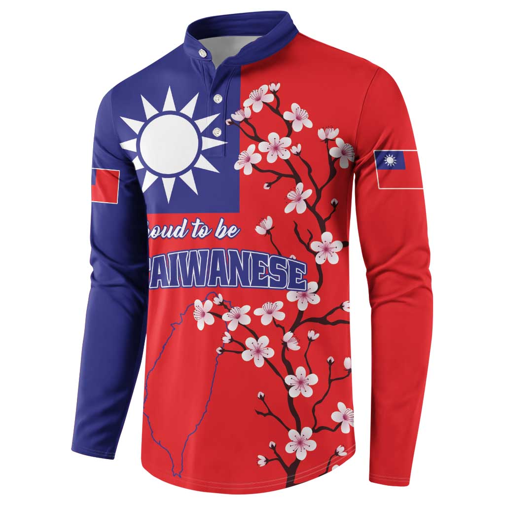 Red and navy button long-sleeve sweatshirt with Taiwan flag map and cherry blossom print