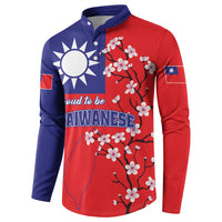 Red and navy button long-sleeve sweatshirt with Taiwan flag map and cherry blossom print