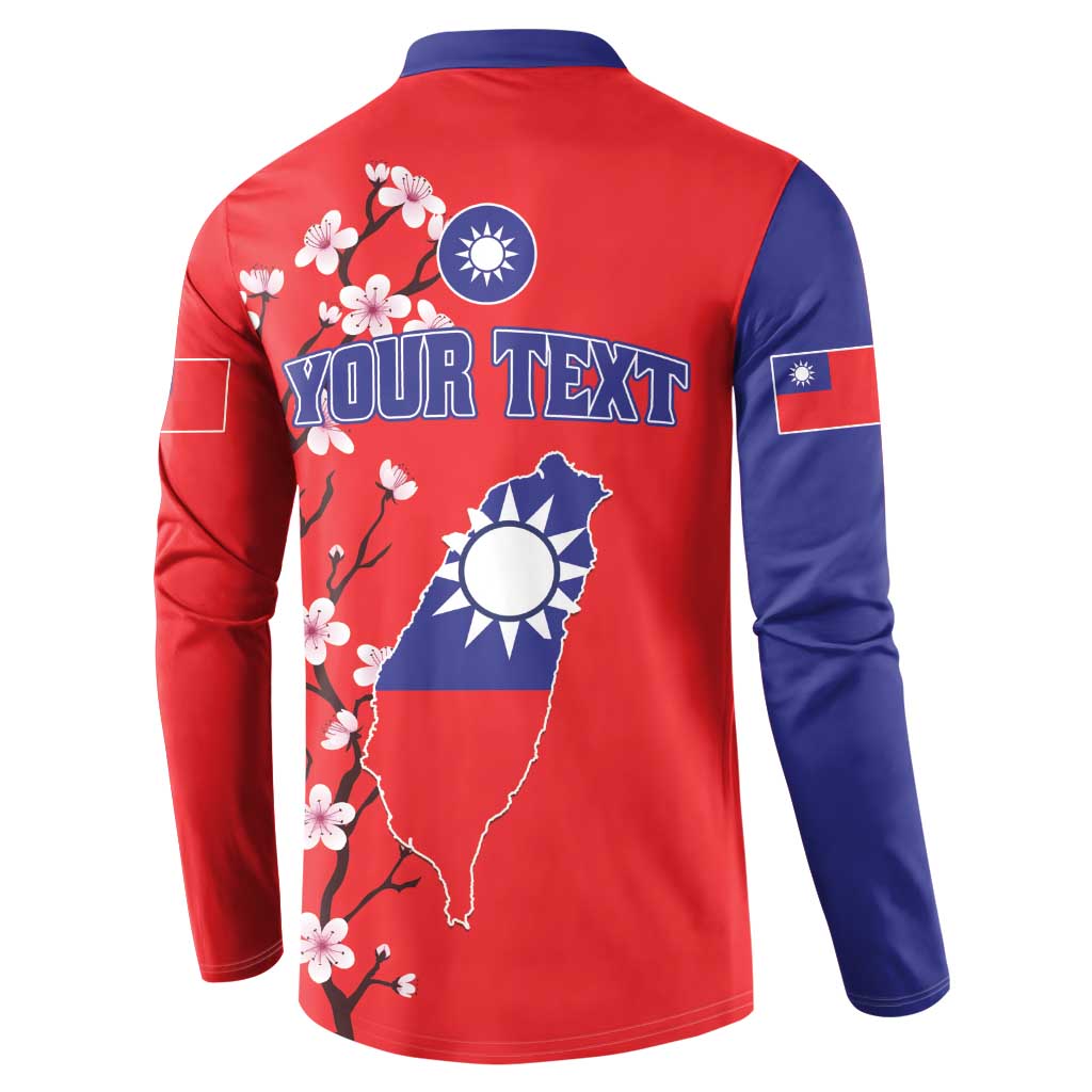 Red and navy button sweatshirt, back shows Taiwan map flag, cherry blossoms, custom text