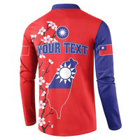 Red and navy button sweatshirt, back shows Taiwan map flag, cherry blossoms, custom text