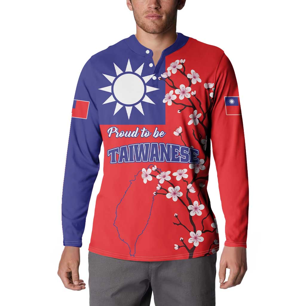 Red and navy button long-sleeve sweatshirt with Taiwan map, cherry blossoms, and slogan