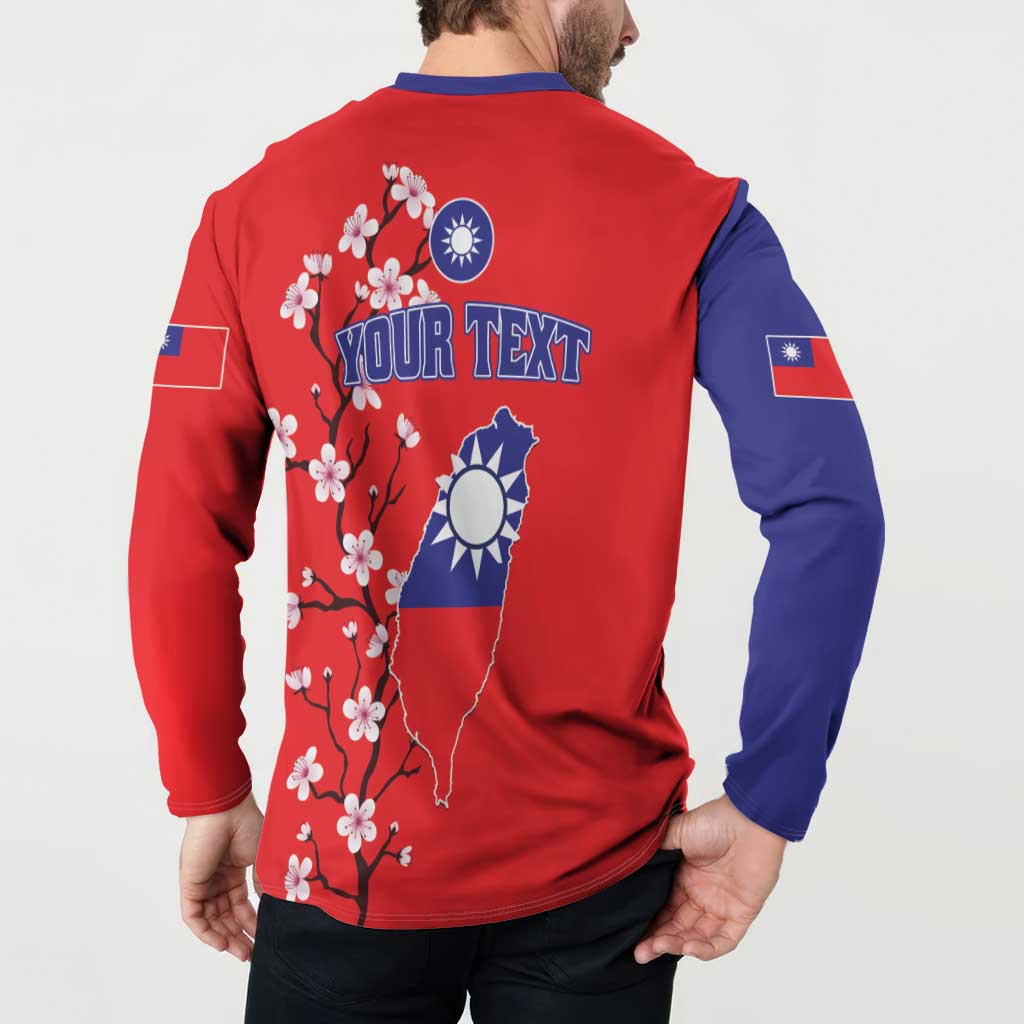 Red and navy button sweatshirt back shows Taiwan map flag, cherry blossoms, YOUR TEXT