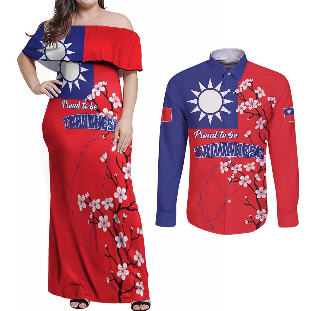 Personalized Proud To Be Taiwanese Couples Matching Off Shoulder Maxi Dress and Long Sleeve Button Shirt Flag Map Plum Blossom - Wonder Print Shop