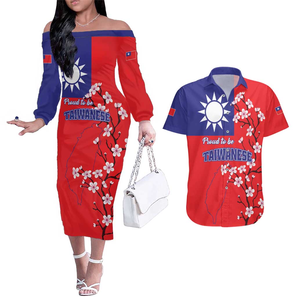 Personalized Proud To Be Taiwanese Couples Matching Off The Shoulder Long Sleeve Dress and Hawaiian Shirt Flag Map Plum Blossom - Wonder Print Shop