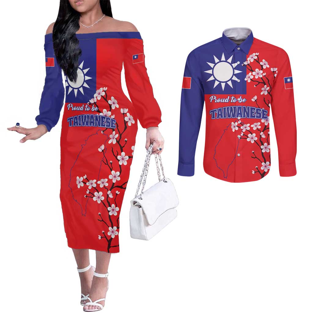 Personalized Proud To Be Taiwanese Couples Matching Off The Shoulder Long Sleeve Dress and Long Sleeve Button Shirt Flag Map Plum Blossom